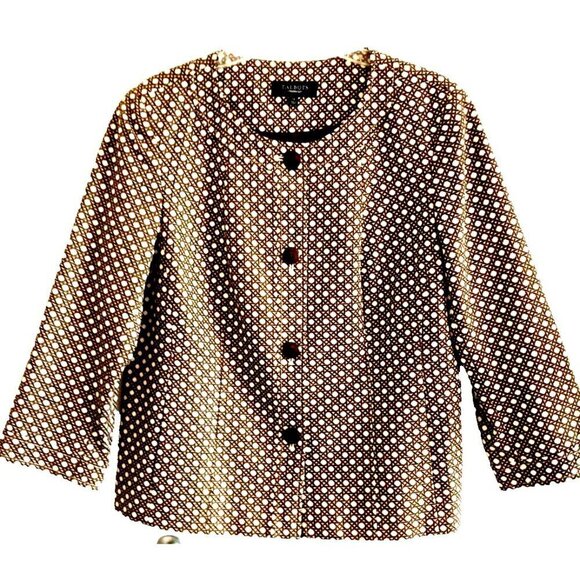 Talbots 3/4 Sleeve Basket Weave Print Suit Jacket Blazer Cotton Lined - Size 14 - Picture 1 of 9